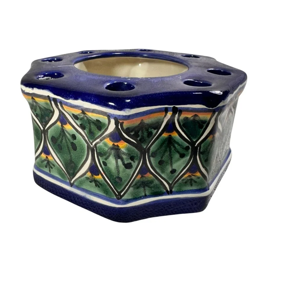 Mexican Talavera Pottery Flower Frog Octagon Ceramic Vase Hand Painted Blue